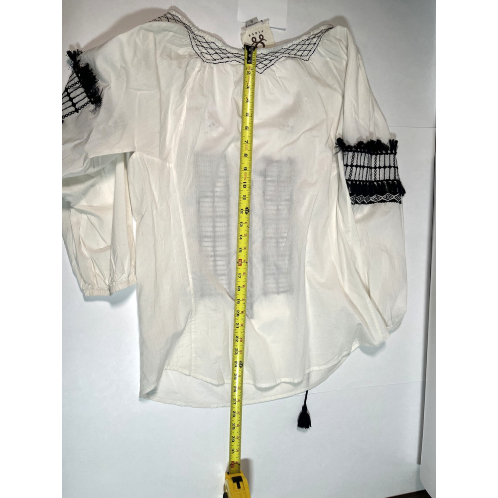 Figue Embroidered Peasant Blouse Womens Medium White Black Boho Tassel Top India - Picture 10 of 13
